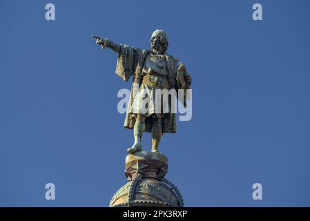 Scultura di Cristoforo Colombo al Monumento Cristoforo Colombo di Barcellona (Catalogna, Spagna) ESP: Scultura de Cristóbal Colón en el monumento a Colón Foto Stock