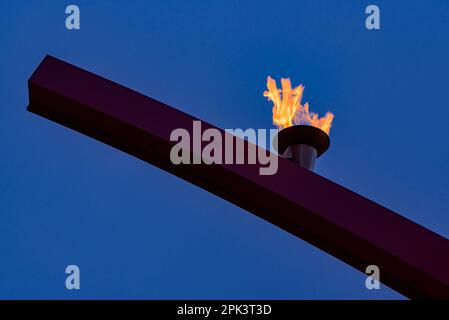 Il Fossar de les Moreres (fossa di gelso) con il cauldron con una fiamma di notte. Fu una delle scene dell'assedio di Barcellona nel 1714 (Spagna) Foto Stock