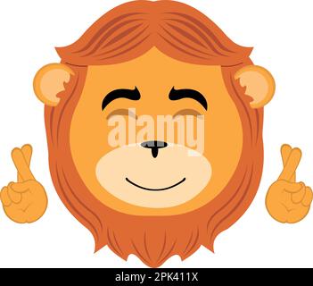 immagine vettoriale faccia di un cartone animato di leone che attraversa le mani delle dita, chiedendo un desiderio o buona fortuna Illustrazione Vettoriale