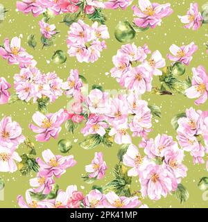 Modello senza cuciture di un albero di mela in fiore su uno sfondo verde. Illustrazione di acquerello brillante e succoso Foto Stock