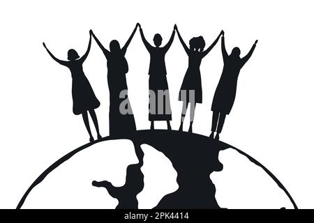 Silhouette nere da donna. Concetto di Giornata internazionale della donna. Le donne che tengono le mani, si levano in piedi sullo sfondo del globo. Comunità delle donne. Solidarit femminile Illustrazione Vettoriale