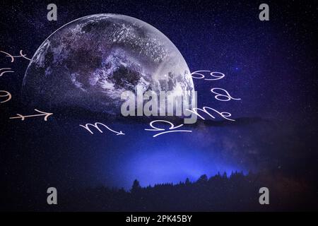 Ruota zodiacale con segni astrologici e terra nel cielo notturno, illustrazione Foto Stock