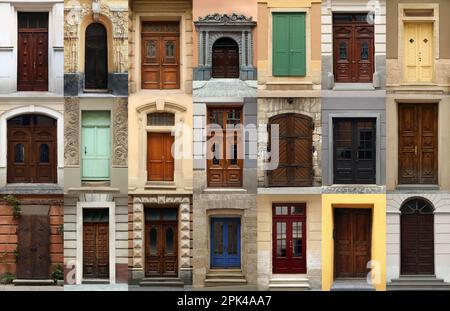 Collage con foto di vecchi edifici con eleganti porte frontali in legno Foto Stock