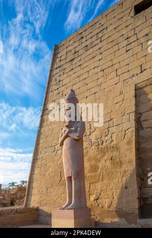 Il pilone di Ramesses ll con uno dei Colossi, Luxor Tempio, Luxor, Egitto, Nord Est Africa Foto Stock