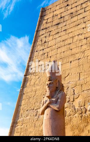 Il pilone di Ramesses ll con uno dei Colossi, Luxor Tempio, Luxor, Egitto, Nord Est Africa Foto Stock