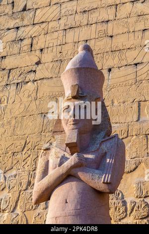 Il pilone di Ramesses ll con uno dei Colossi, Luxor Tempio, Luxor, Egitto, Nord Est Africa Foto Stock