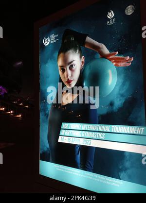 AGF Trophy torneo internazionale e fig ritmico Ginnastica World Cup 2023 Baku Azerbaigian. Poster luminoso vicino alla National Gymnastics Arena Foto Stock