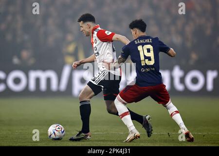 ROTTERDAM - (LR) Oussama Idrissi di Feyenoord, Jorge Sanchez di Ajax durante la Semifinale della KNVB Cup match tra Feyenoord e Ajax a Feyenoord Stadion de Kuip il 5 aprile 2023 a Rotterdam, Paesi Bassi ANP MAURICE VAN STEEN Foto Stock