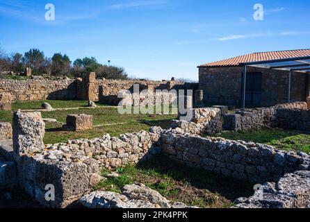 Antiche mura di antichi edifici Morgantina sito archeologico della città vecchia, Sicilia. Italia Foto Stock