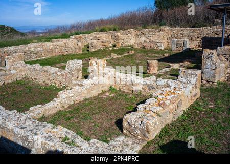 Antiche mura di antichi edifici Morgantina sito archeologico della città vecchia, Sicilia. Italia Foto Stock