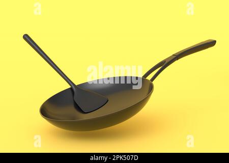 Padella con coperchio in vetro e turner solido in silicone su sfondo monocromatico. 3d render di utensili da cucina antiaderenti Foto Stock