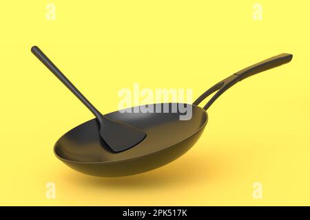 Padella con coperchio in vetro e turner solido in silicone su sfondo monocromatico. 3d render di utensili da cucina antiaderenti Foto Stock