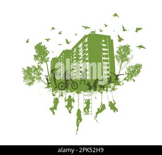 Verde foglia con eco-friendly città edifici e persone. Verde silhouette cittadina con persone. Ecologia urbana. Illustrazione vettoriale Illustrazione Vettoriale
