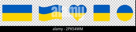 Bandiera Ucraina in diverse forme in colori nazionali. Illustrazione vettoriale isolata su sfondo trasparente Illustrazione Vettoriale