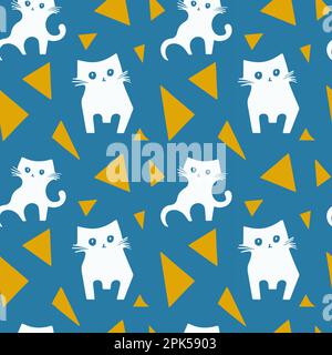 Pattern vettoriale senza giunture per gatti bianchi. Illustrazione disegnata a mano primitiva. Gattini divertente doodle con triangolo giallo su sfondo blu. Ingenuo peperoncino Illustrazione Vettoriale