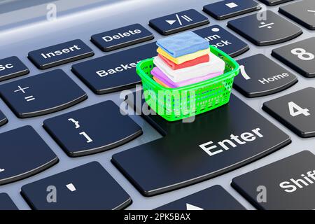 Cestino di bucato pieno di vestiti puliti su tastiera di laptop, rendering 3D Foto Stock