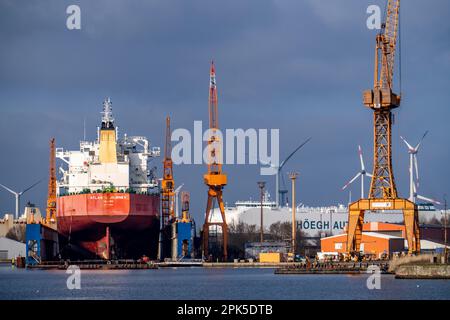 Lloyd Werft, bacino di carenaggio, cargo Atlantic Journey, cantiere navale nel porto d'oltremare di Bremerhaven, Brema, Germania Foto Stock