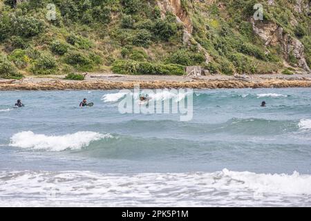 Surfers a Titahi Bay, Porirua Foto Stock