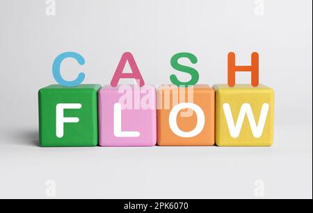 Phrase Cash Flow realizzato con lettere e cubi colorati su sfondo bianco Foto Stock