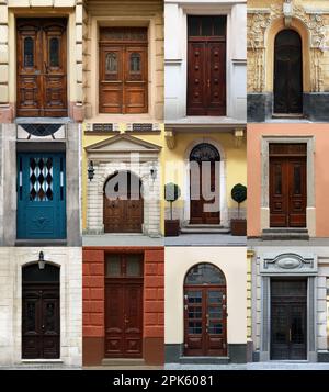 Collage con foto di vecchi edifici con eleganti porte frontali in legno Foto Stock