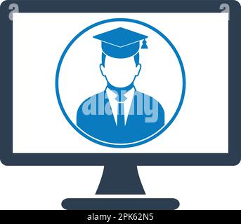 Icona e Learning. Simbolo studente laureato sul monitor del computer. EPS vettoriale stile piatto. Illustrazione Vettoriale