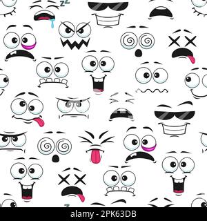 Cartoon divertente emoji volti senza cuciture modello con divertente sorriso occhio e bocca, vettore sfondo. Felice cute e tristi emozioni viso e kawaii espressione e Illustrazione Vettoriale