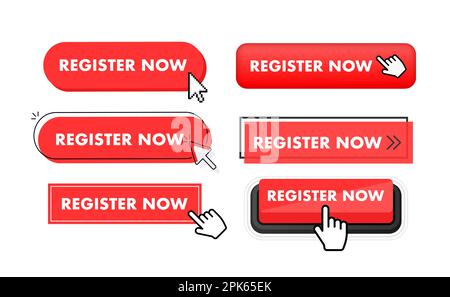 Set of Register now (Imposta pulsante Registra ora). Clic del puntatore a mano. Pulsanti Web Register now Illustrazione Vettoriale