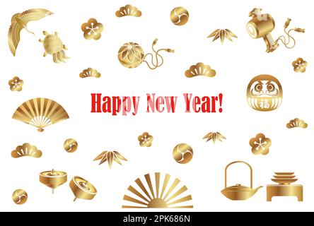 Modello vettoriale della carta di Capodanno decorato con elementi di design vintage giapponesi. Illustrazione Vettoriale