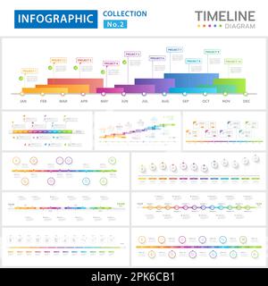 Modello infografico Vector Bundle per le aziende. Tabella di marcia del diagramma della linea temporale moderna con argomenti a cerchio e calendario mensile, informazioni sul vettore di presentazione Illustrazione Vettoriale
