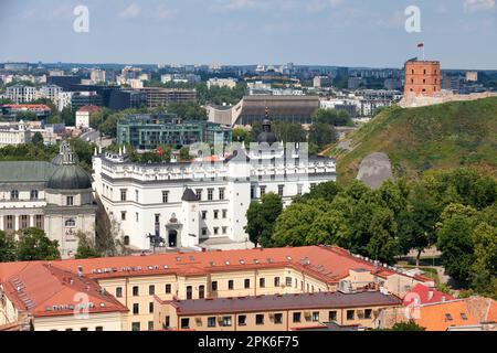Vilnius, Lituania - 11 2019 giugno: Vista aerea della Torre Gediminas che si affaccia sul Palazzo dei Granduchi di Lituania, la Basilica Cattedrale Foto Stock