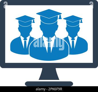 Icona di formazione online con studenti laureati su computer Monitor. EPS vettoriale stile piatto. Illustrazione Vettoriale