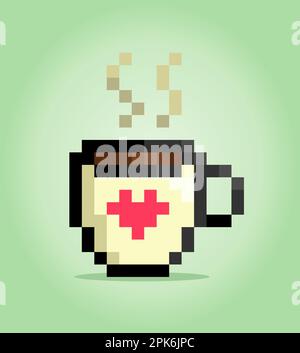 immagine del logo della tazza da caffè a 8 bit. Bere nell'illustrazione vettoriale per l'icona del gioco. Illustrazione Vettoriale