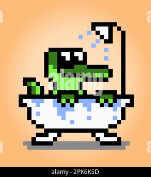 Immagine di un coccodrillo che prende un bagno 8 bit pixel. Animali in illustrazione vettoriale per giochi retrò Illustrazione Vettoriale