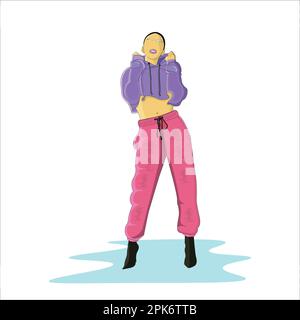 Vector ragazza alla moda che indossa la felpa con cappuccio di raccolto invernale con disegno di illustrazione piatto vettore pant puffer Illustrazione Vettoriale