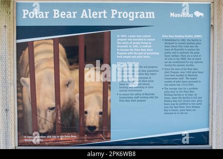 Cartello del programma di allerta dell'orso polare presso la struttura di detenzione dell'orso polare a Churchill, Manitoba, Canada Foto Stock