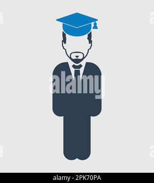 Icona studente laureato. Simbolo maschio in piedi su sfondo grigio. EPS vettoriale stile piatto. Illustrazione Vettoriale