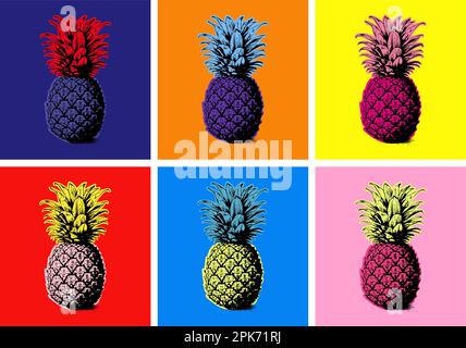 Set di illustrazioni Pineapple Vector. Frutta tropicale esotica. Disegnato a mano. Pop Art Illustrazione Vettoriale