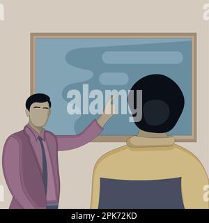 Design piatto di discutere uomo e donna utilizzando una lavagna Illustrazione Vettoriale