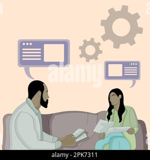 Design piatto di uomo e donna seduta e discutere utilizzando la carta Illustrazione Vettoriale