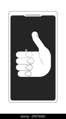 Schermo del telefono cellulare con il pollice in alto mano un oggetto vettore piano monocromatico Illustrazione Vettoriale