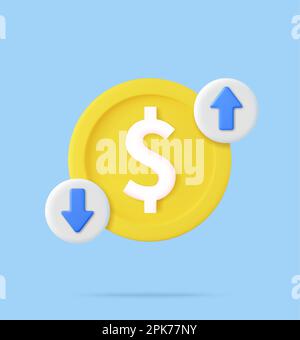 3D costo del dollaro con freccia giù e su. Illustrazione Vettoriale