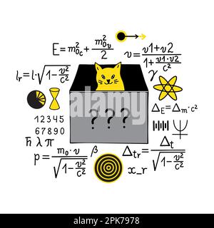 Insieme di formula fisica, simboli, equazioni e gatto Schrodinger isolato su sfondo bianco. Illustrazione Vettoriale