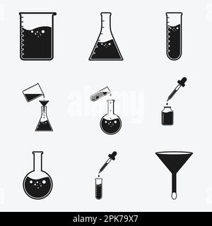 Icone relative al laboratorio chimico con matraccio, becher, provetta, imbuto, segno contagocce. Illustrazione del simbolo EPS vettoriale modificabile. Illustrazione Vettoriale