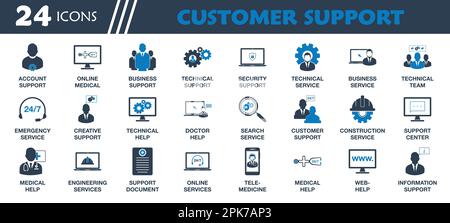 Set di icone Assistenza clienti. Raccolta di account, medico, commerciale, tecnico, di emergenza, Icone Online, Telemedicine, informazioni, Assistenza e Guida. Illustrazione Vettoriale