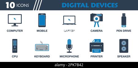 Set di icone delle periferiche digitali. Raccolta di computer, telefono cellulare, computer portatile, CPU, fotocamera, altoparlante, stampante, icone. Illustrazione del simbolo vettoriale modificabile. Illustrazione Vettoriale