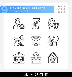 Sistema di legge e controllo dell'ordine pixel Perfect linear Icons set Illustrazione Vettoriale