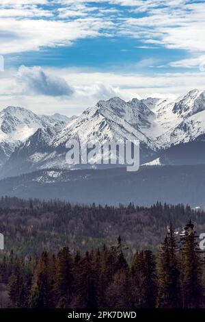 Una bella vista degli alti Tatra dal passo di Łapszanka. Paesaggio montano nell'ambiente. Monti Tatra, Polonia Foto Stock