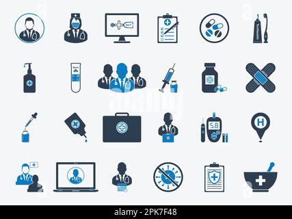 Icone di medicina e sanità con medico, chirurgo, medico, Aiuto medico in linea, Kit di pronto soccorso, Insulina, contagocce, pipetta, disinfettante per le mani, cucchiaia Illustrazione Vettoriale