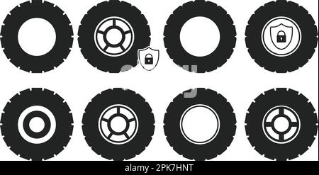 Set di icone pneumatici e ruote. EPS vettoriale stile piatto. Illustrazione Vettoriale