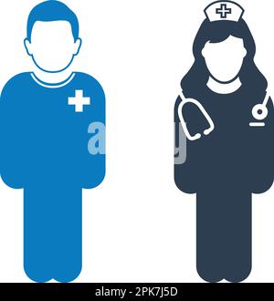 Icona infermiere in piedi e paziente. EPS vettoriale stile piatto. Illustrazione Vettoriale
